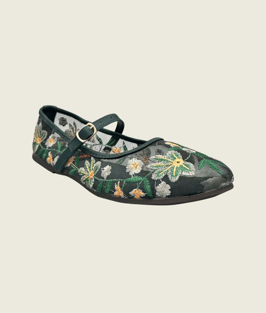 Floral Charm Embroidered Mesh Flat Pumps - FT1007