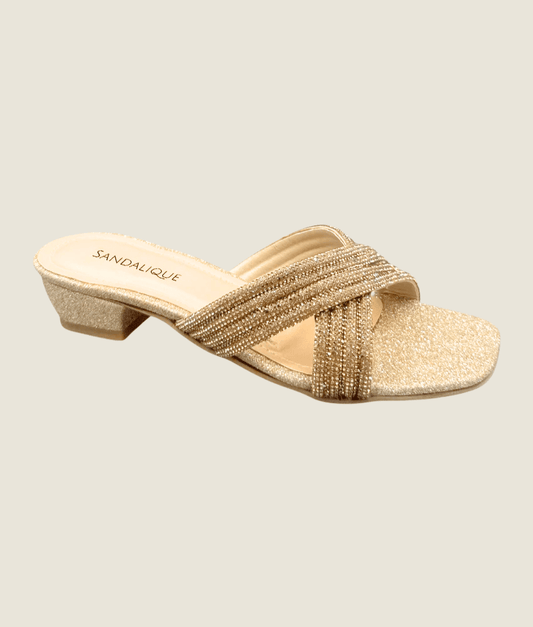 Glitter Cross - Strap Low Block Heel Slippers - Sandalique low Heel