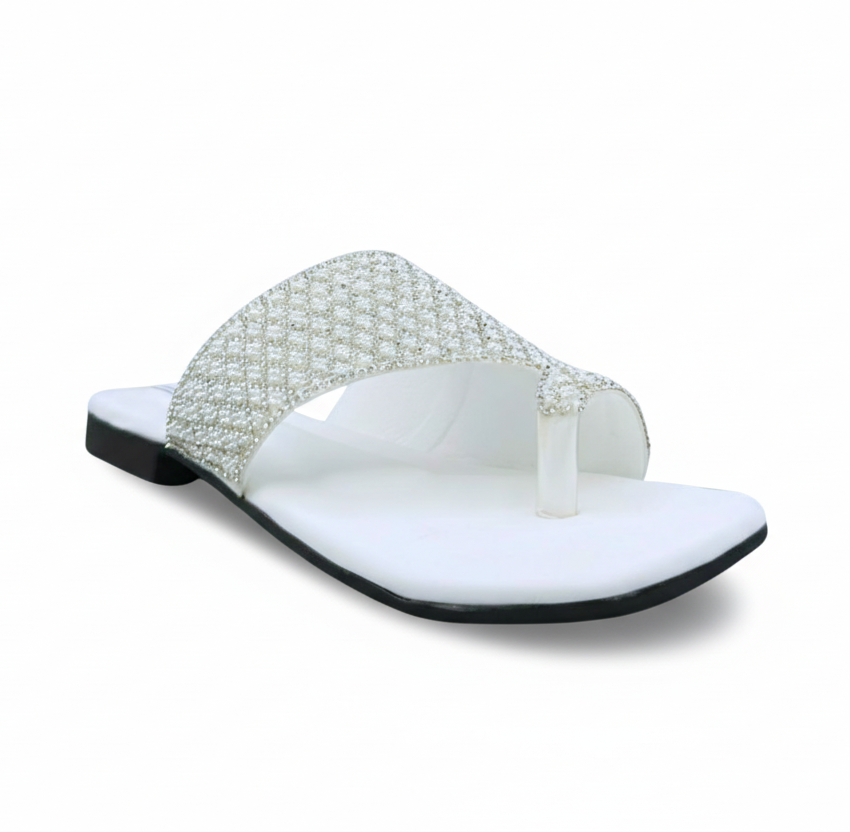 Sandalique FT10035 White Crystal Embellished Flat Slides