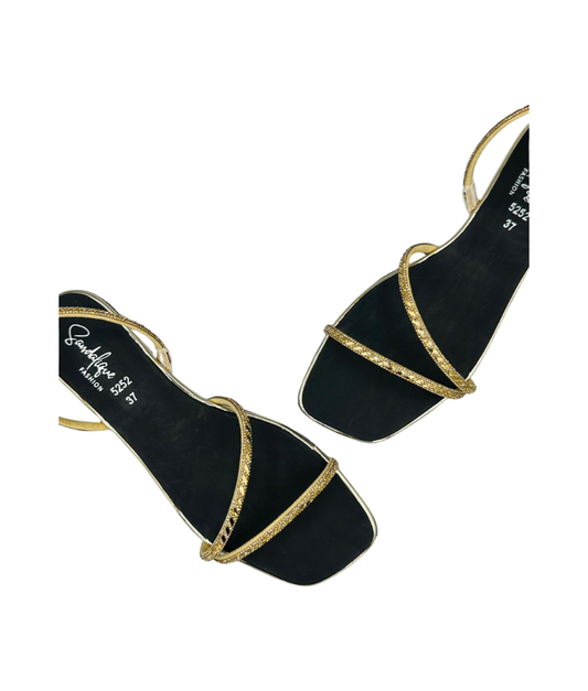 Sandalique FT10038 Gold Crystal Strap Flat Sandals
