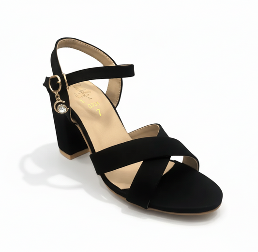 Sandalique HH10033 Black Cross Block Heel Sandal