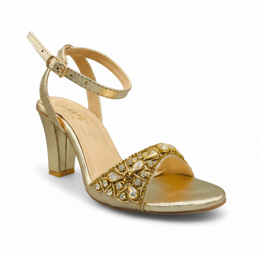 Sandalique HH10041 Gold Embellished Block Heel