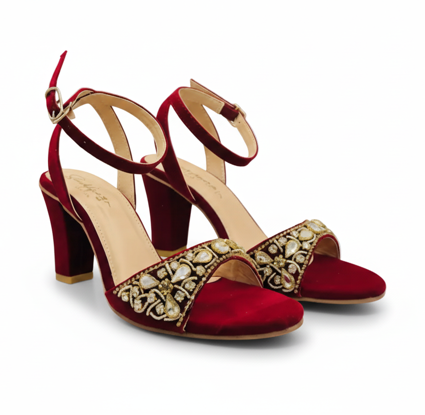 Sandalique HH10041 Maroon Embellished Block Heel