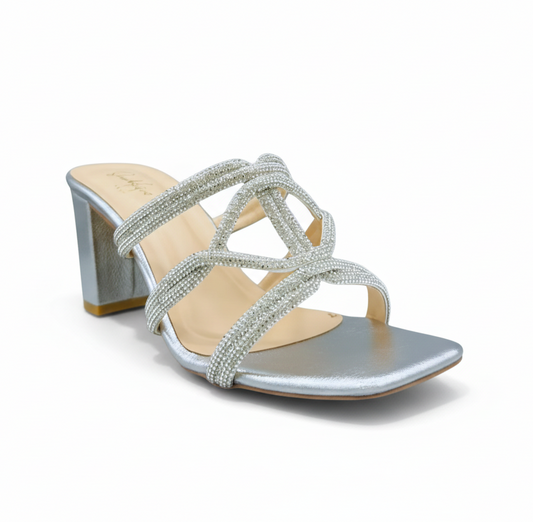 Sandalique HH10051 Silver Crystal Cross Strap Heels