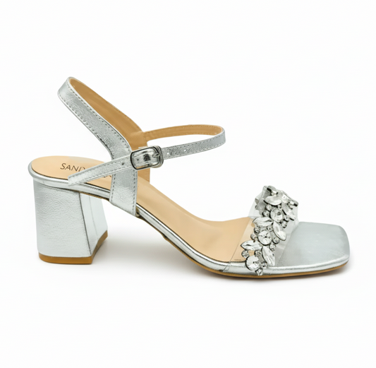 Sandalique MH10031 Silver Embellished Block Heel Sandals