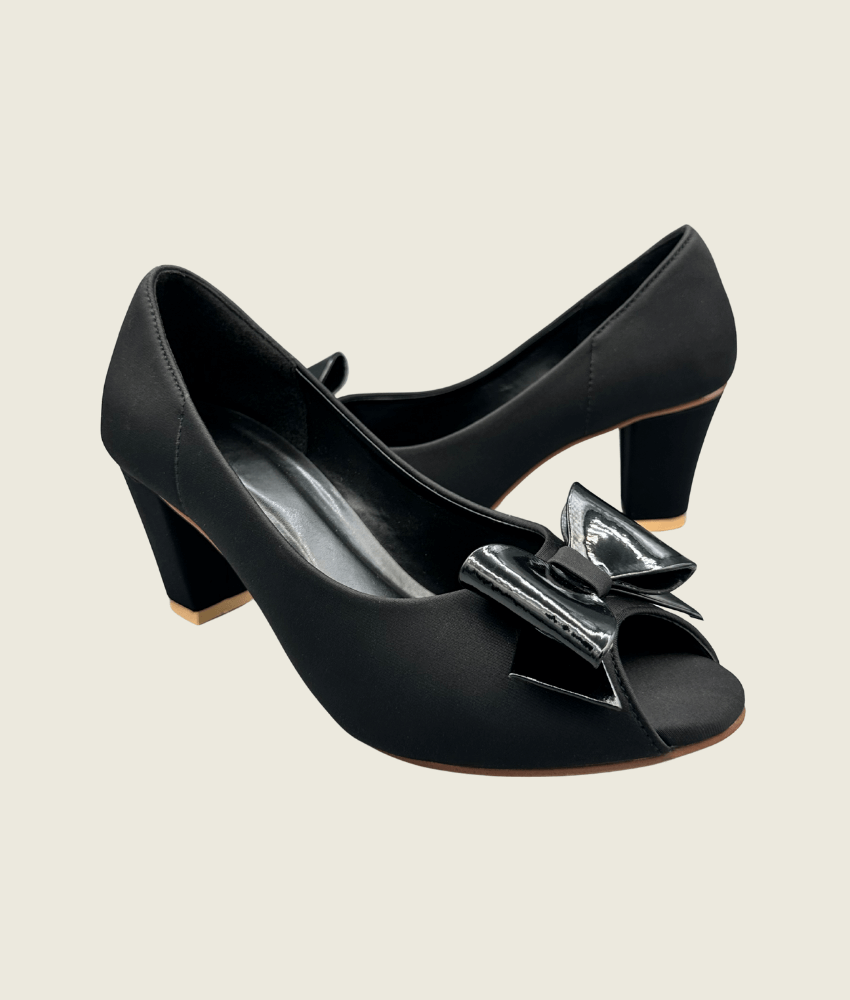 Noir Bow Peep-Toe Block Heels - MH10039