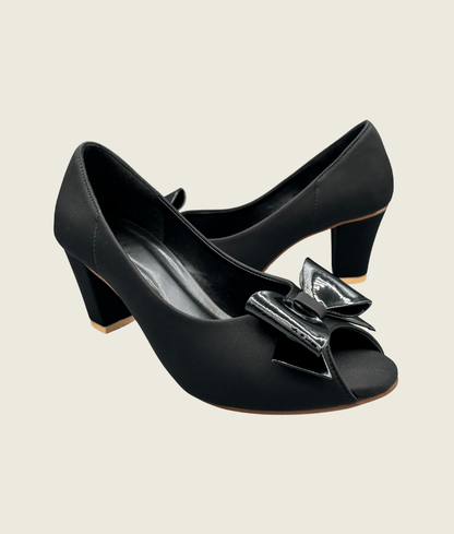 Noir Bow Peep-Toe Block Heels - MH10039