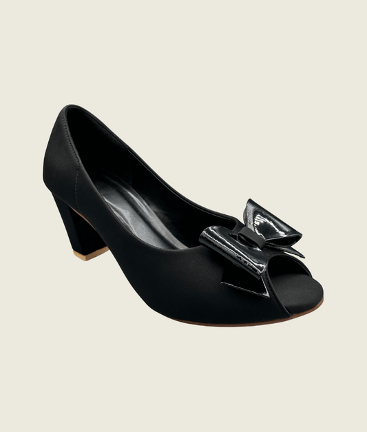 Noir Bow Peep-Toe Block Heels - MH10039