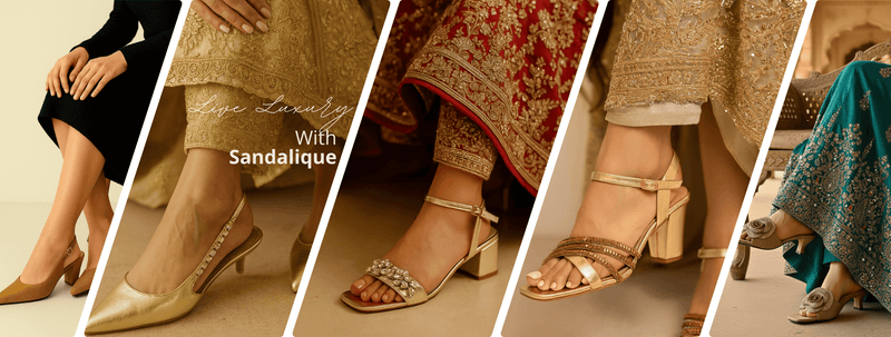 Live Luxury with Sandalique – close-ups of women wearing gold and nude heels with Pakistani festive outfits