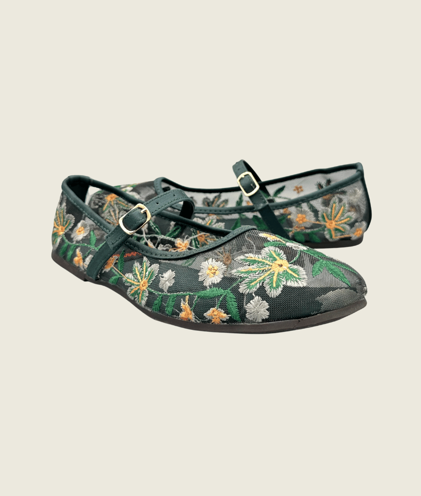 Floral Charm Embroidered Mesh Flat Pumps - FT1007