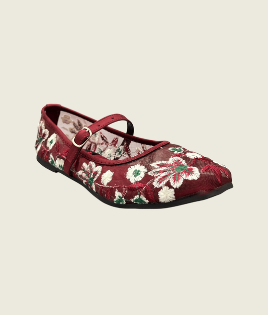 Floral Charm Embroidered Mesh Flat Pumps - FT1007