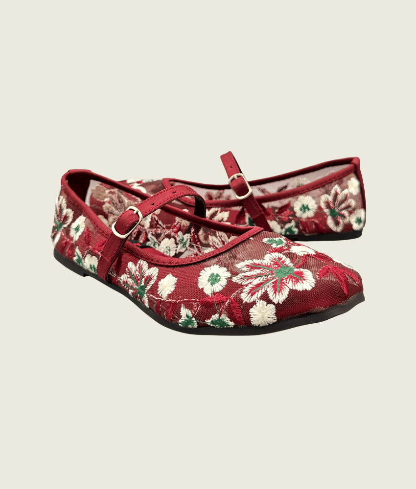 Floral Charm Embroidered Mesh Flat Pumps - FT1007