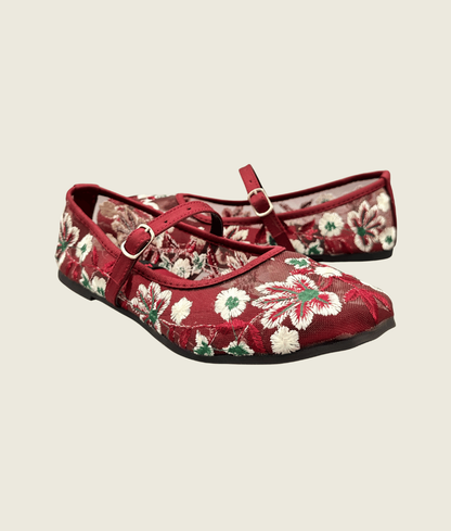 Floral Charm Embroidered Mesh Flat Pumps - FT1007