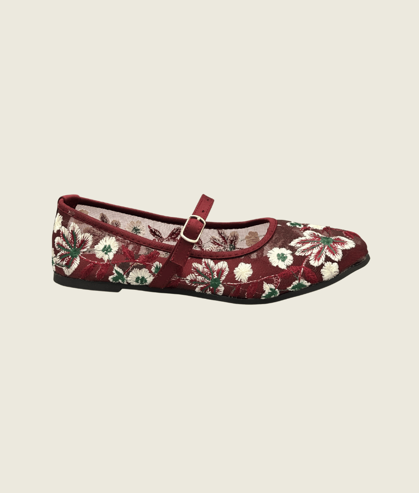 Floral Charm Embroidered Mesh Flat Pumps - FT1007