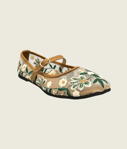 Floral Charm Embroidered Mesh Flat Pumps - FT1007