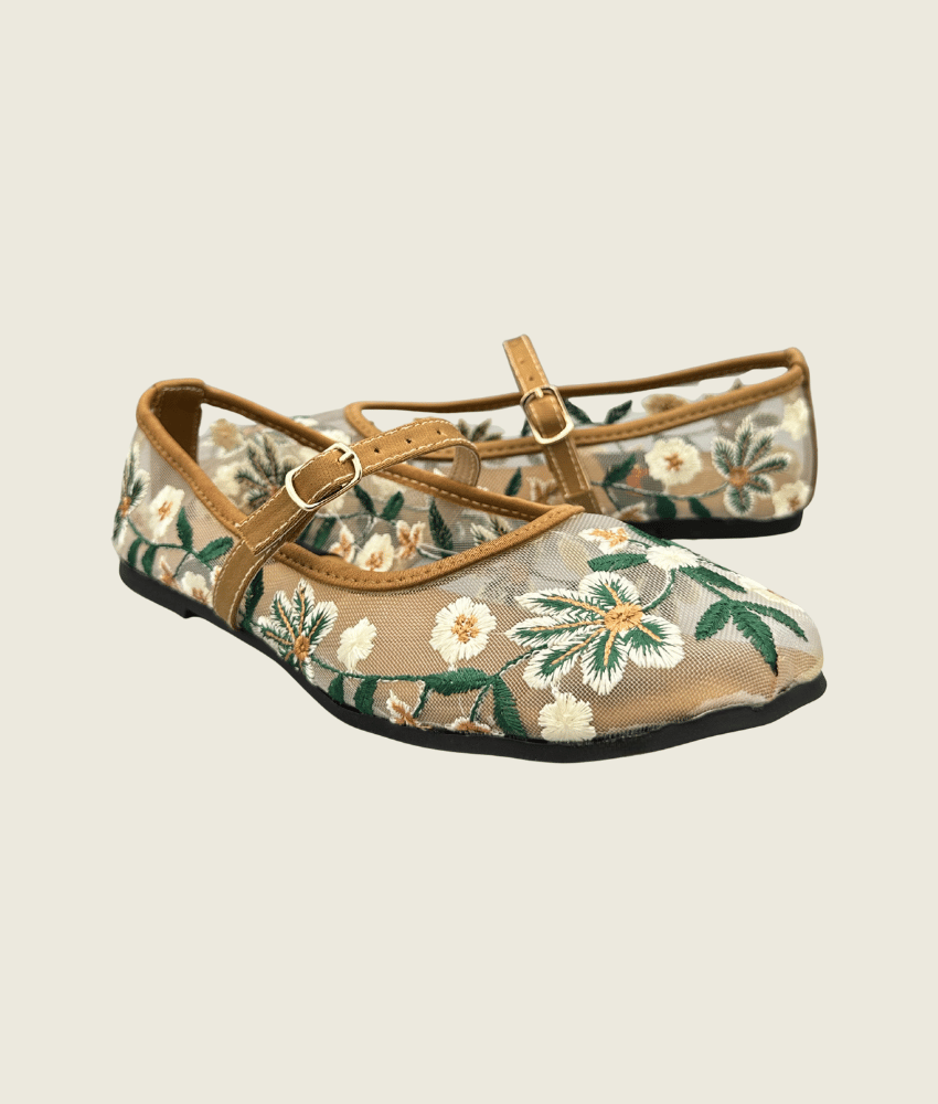 Floral Charm Embroidered Mesh Flat Pumps - FT1007