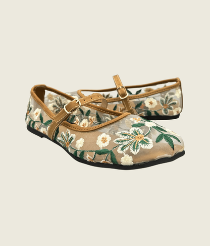 Floral Charm Embroidered Mesh Flat Pumps - FT1007