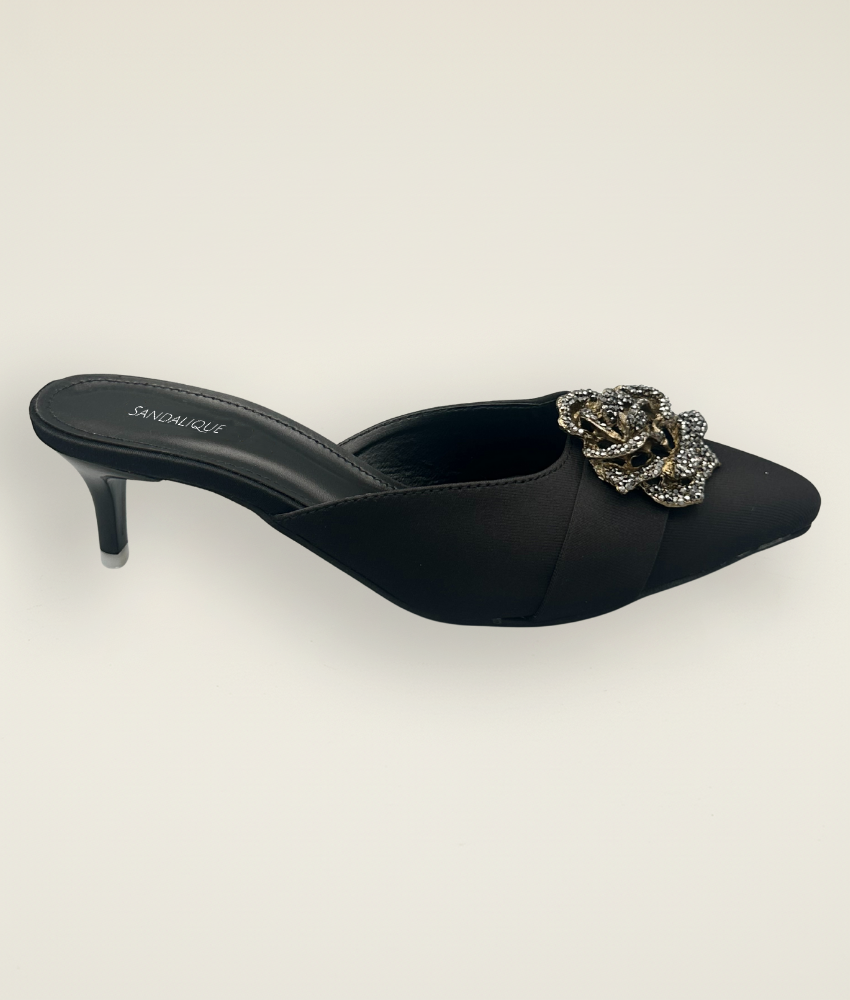 Black satin medium heel slipper with sparkling crystal flower buckle – Sandalique"