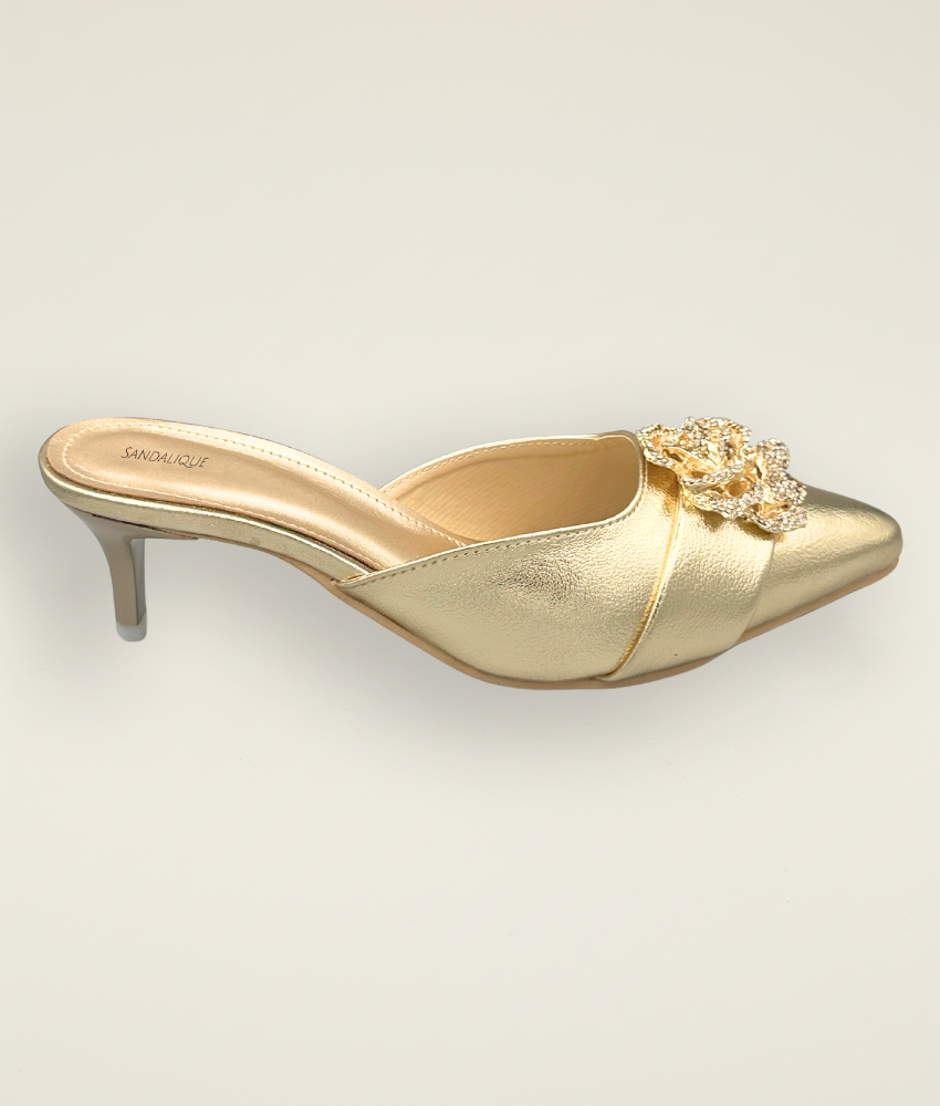 Golden medium heel slipper with sparkling crystal flower buckle – Sandalique