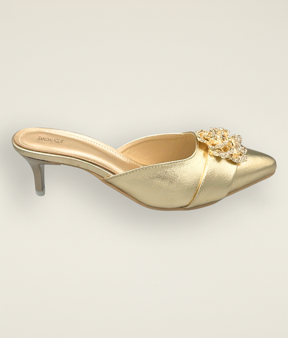 Golden medium heel slipper with sparkling crystal flower buckle – Sandalique