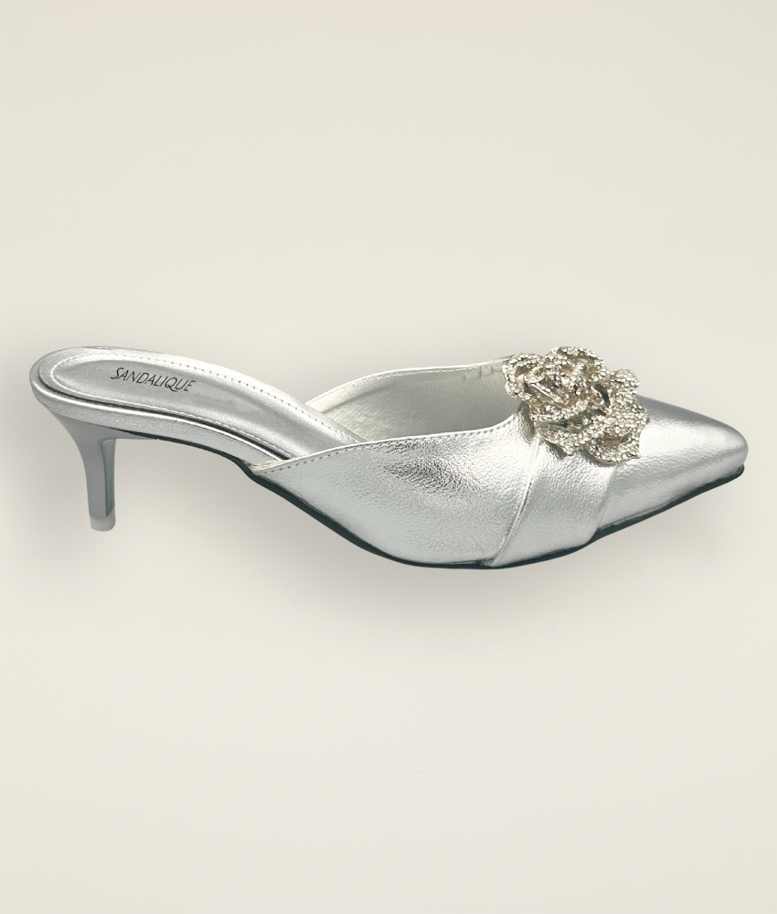 Silver medium heel slipper with sparkling crystal flower buckle – Sandalique
