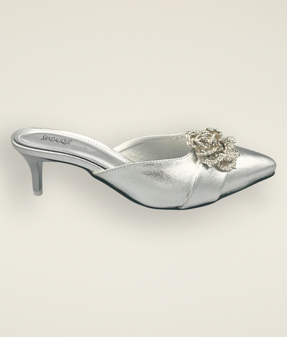 Silver medium heel slipper with sparkling crystal flower buckle – Sandalique
