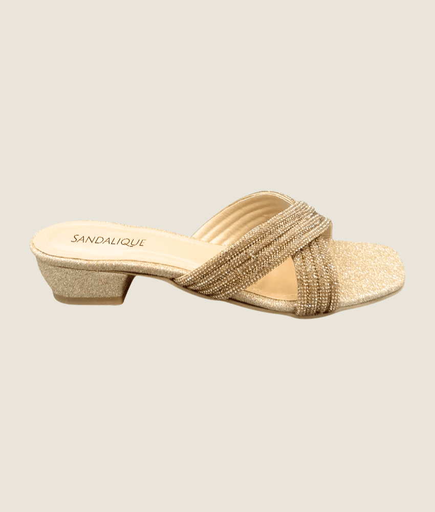 Glitter Cross - Strap Low Block Heel Slippers - Sandalique low Heel