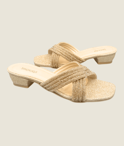 Glitter Cross - Strap Low Block Heel Slippers - Sandalique low Heel