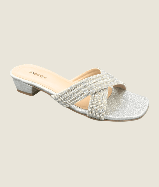 Glitter Cross - Strap Low Block Heel Slippers - Sandalique low Heel