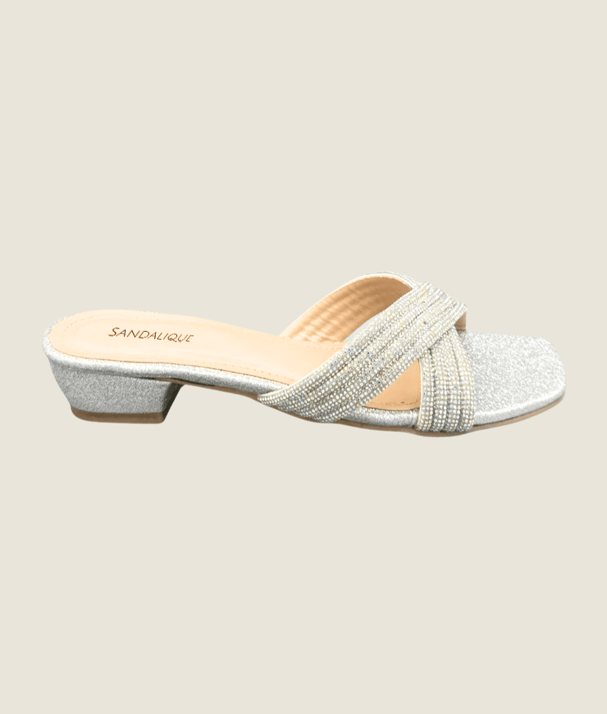 Glitter Cross - Strap Low Block Heel Slippers - Sandalique low Heel