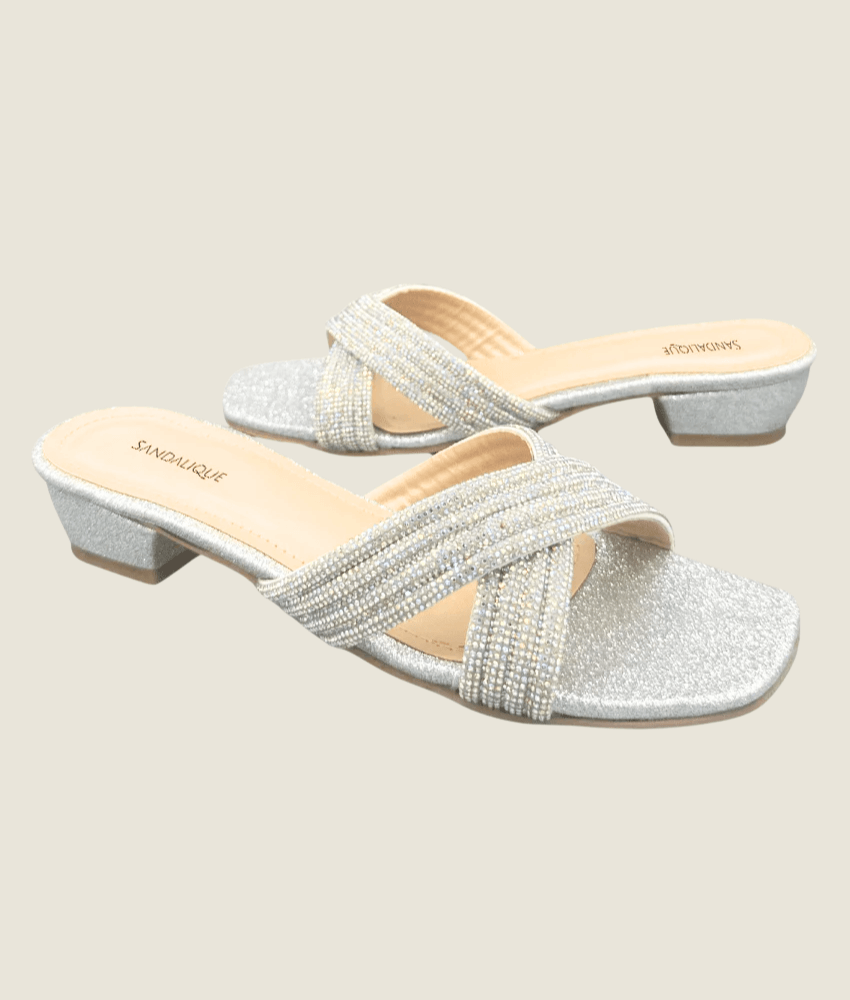 Glitter Cross - Strap Low Block Heel Slippers - Sandalique low Heel