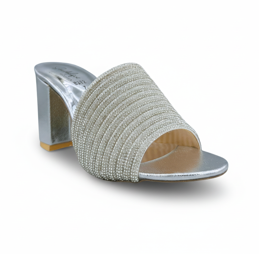 HH10047 Silver Embellished Block Heel Mule