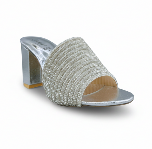 HH10047 Silver Embellished Block Heel Mule