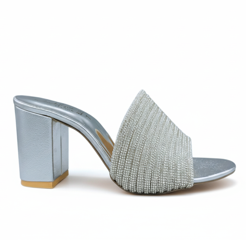 HH10047 Silver Embellished Block Heel Mule