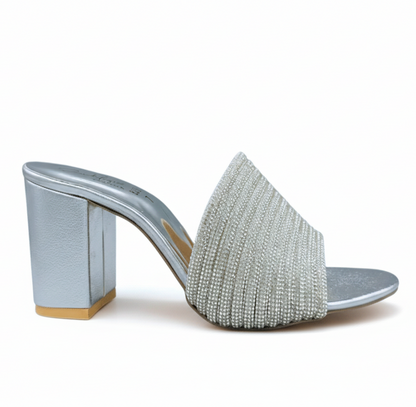 HH10047 Silver Embellished Block Heel Mule