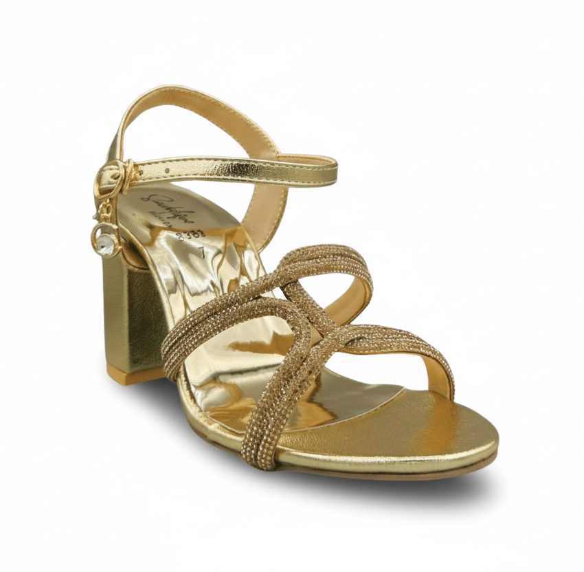 HH10048 Gold Crystal Cross Strap Block Heels