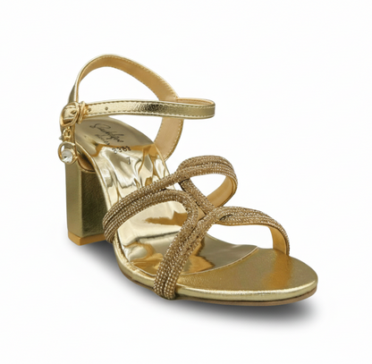 HH10048 Gold Crystal Cross Strap Block Heels