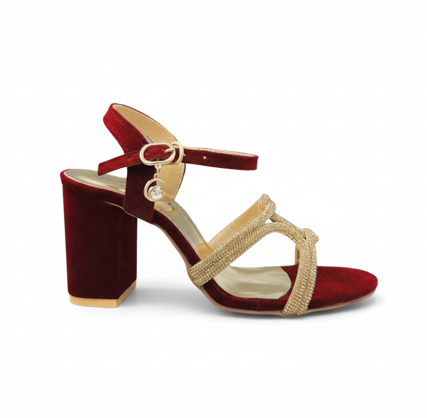 HH10048 Maroon Crystal Cross Strap Block Heels