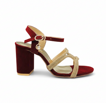 HH10048 Maroon Crystal Cross Strap Block Heels