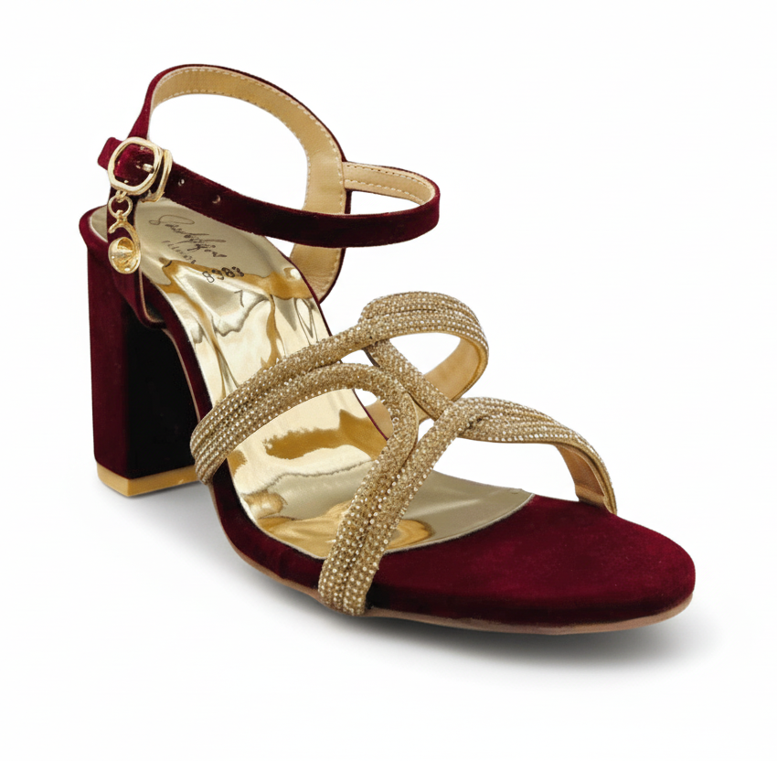 HH10048 Maroon Crystal Cross Strap Block Heels