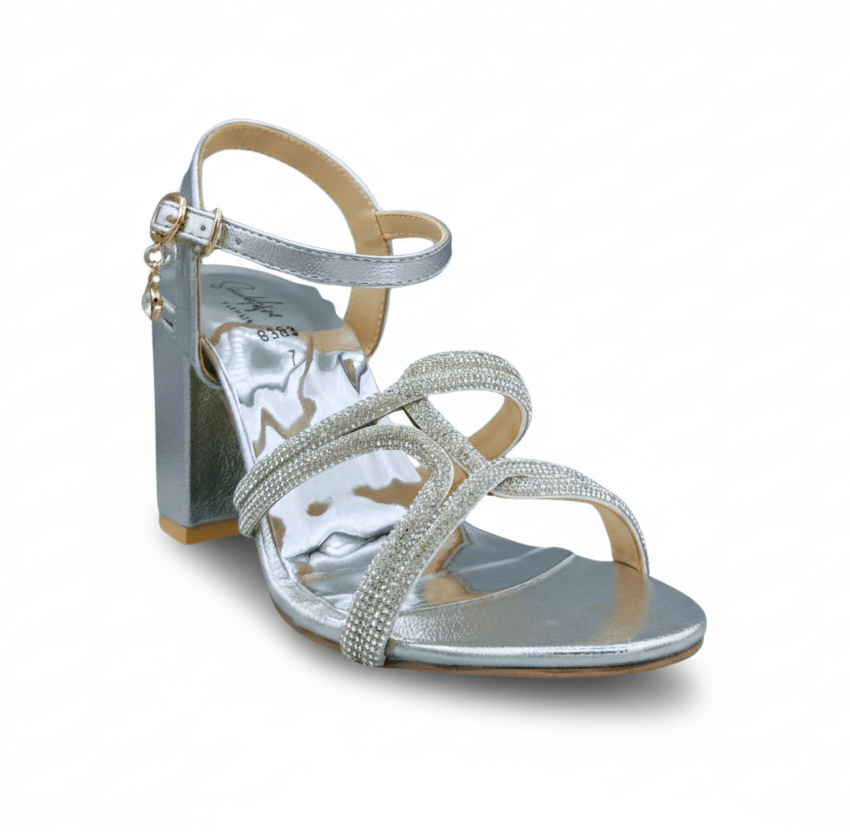 HH10048 Silver Crystal Cross Strap Block Heels