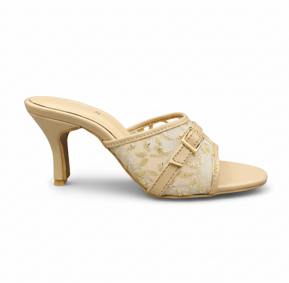 HH10049 Beige Lace Buckle Mule Heels