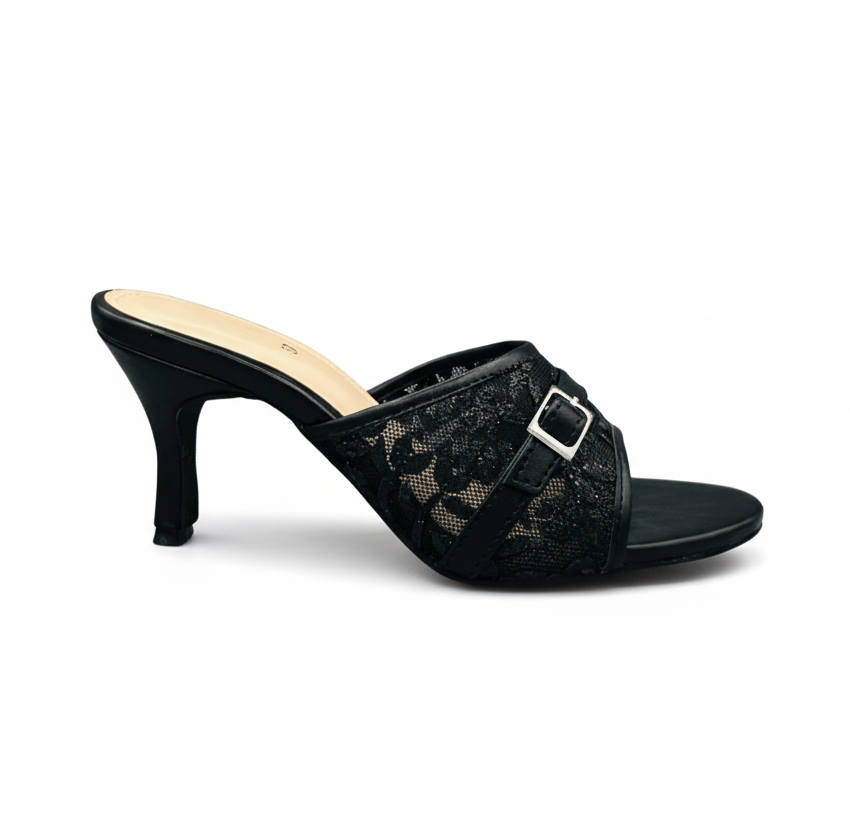HH10049 Black Lace Buckle Mule Heels