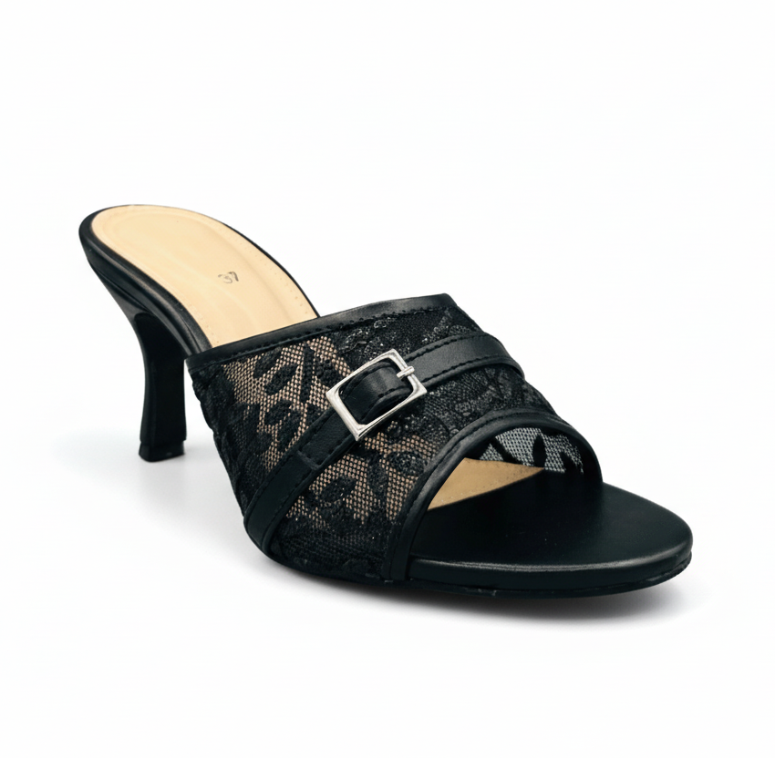 HH10049 Black Lace Buckle Mule Heels