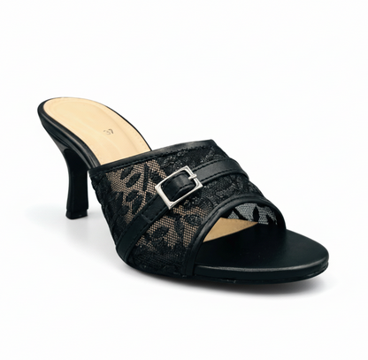 HH10049 Black Lace Buckle Mule Heels