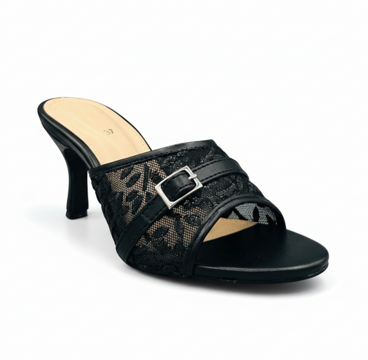HH10049 Black Lace Buckle Mule Heels
