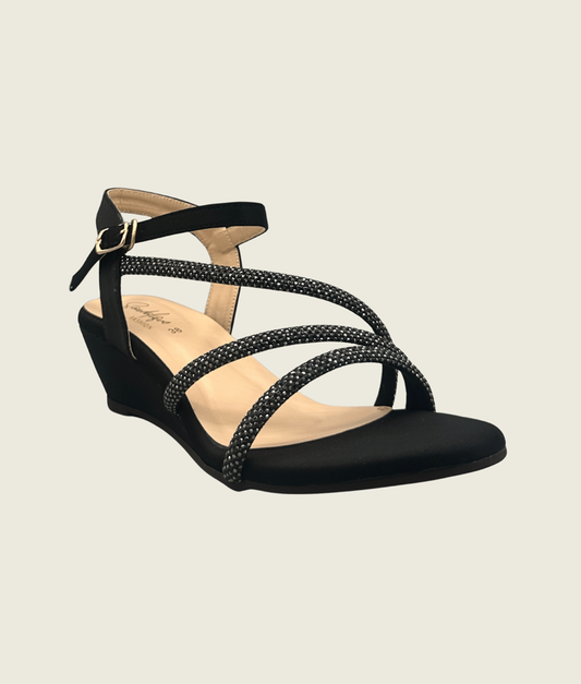 MH10014 Black 3 Straps Embellished Wedge Sandals