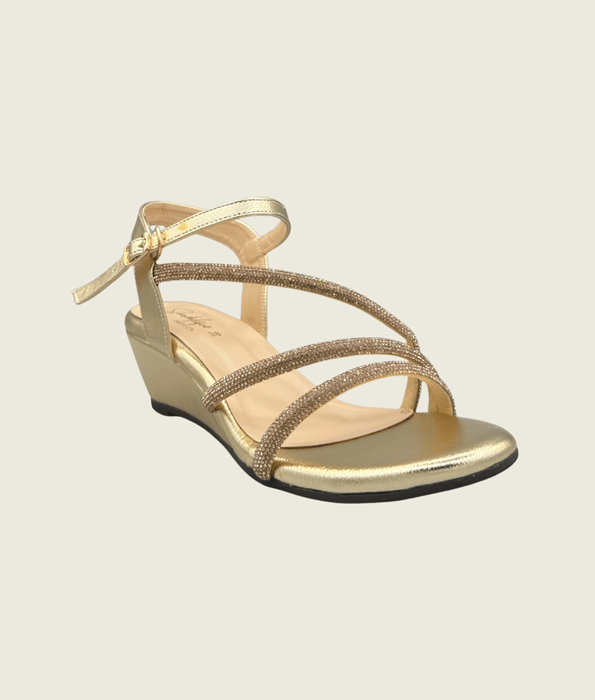 MH10014 Gold 3 Straps Embellished Wedge Sandals