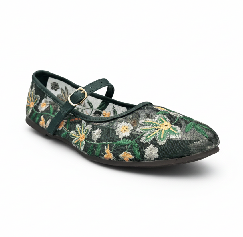 Sadnalique FT1007 Green Floral Embroidered Mesh Flats