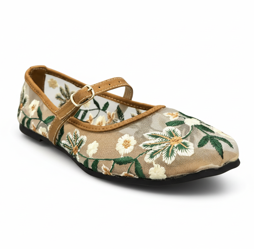 Sadnalique FT1007 Mustard Floral Embroidered Mesh Flats